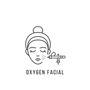 Illustration of an oxygen facial treatment using an airbrush device to apply oxygen and serum to the skin.