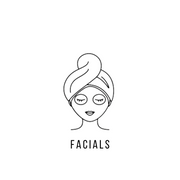 Line illustration of a woman with a towel wrapped around her hair and facial eye masks, representing facial treatments.