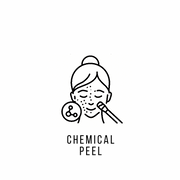 Illustration of a chemical peel facial treatment with a skincare brush and molecular symbol.